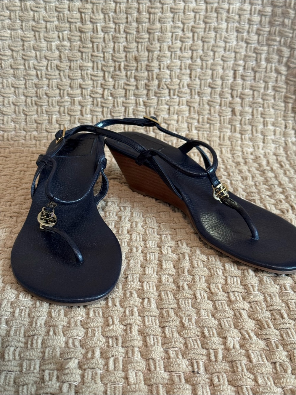 Tory Burch Navy Leather Wedge Thong Sandals with Gold Logo